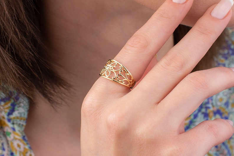 Victorian Style Ring, 14k Solid Gold Ring, Dome Ring, Gold Bold Ring, Unique Ring, Flower Dome Ring,Gift for Her,Nature Lover,Christmas Gift image 3