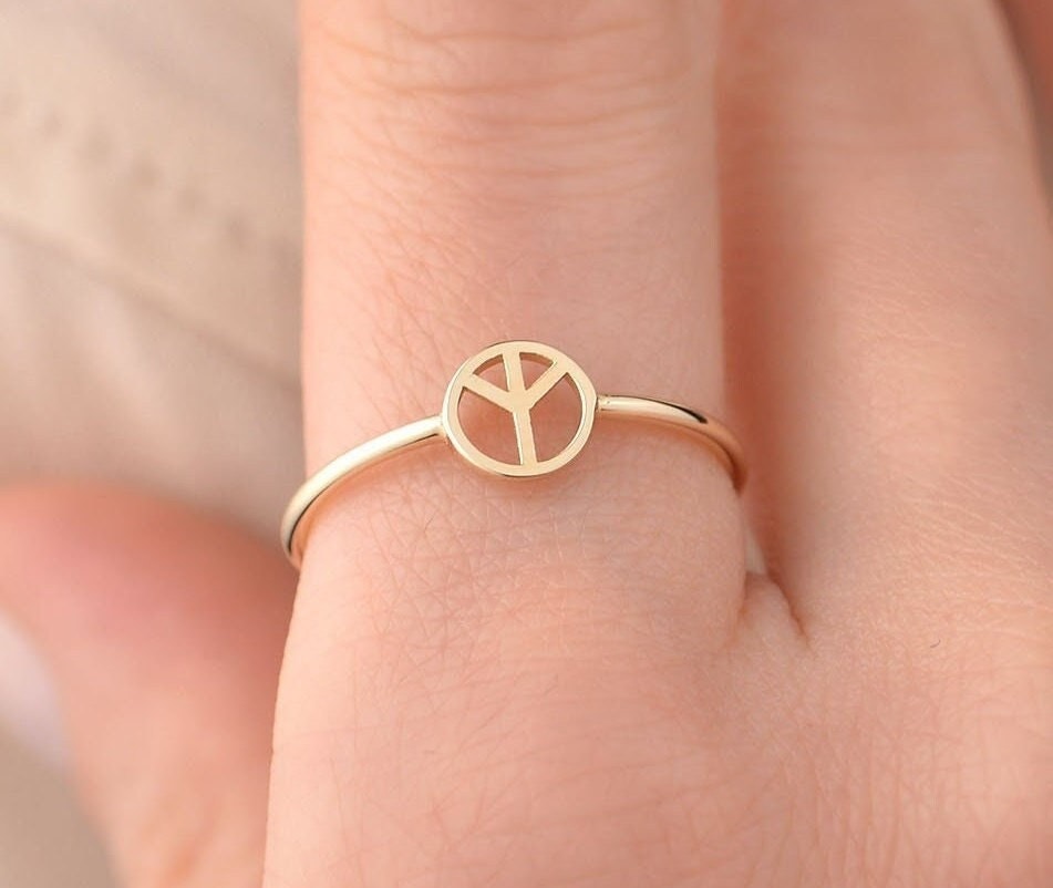 Peace Sign Ring, 14k Solid Gold Ring, Boho, Hippie Ring, Gold Peace Symbol Ring, Birthday Gift for Her, Anniversary Gift, Christmas gift