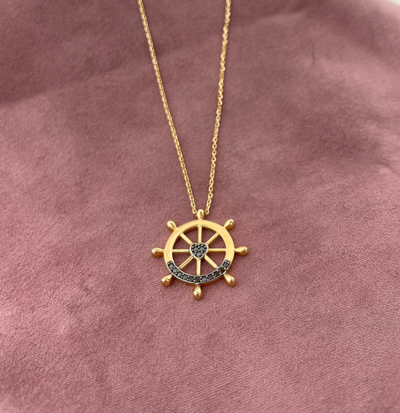 Retro Gold Rudder 14k Gold Ship Wheel Necklace, Rudder Pendant, Nautical Necklace, Sea ...