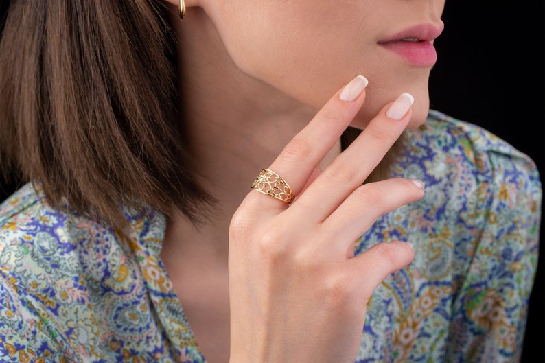 Victorian Style Ring, 14k Solid Gold Ring, Dome Ring, Gold Bold Ring, Unique Ring, Flower Dome Ring,Gift for Her,Nature Lover,Christmas Gift image 2