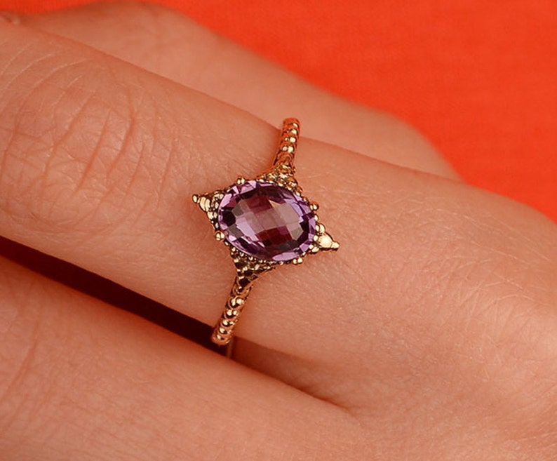 14k Solid Gold Oval Genuine Amethyst Ring, February Birthstone, Unique Ring for Women, Natural Stone Ring, Raw Crystals Ring, Gift for Her image 1