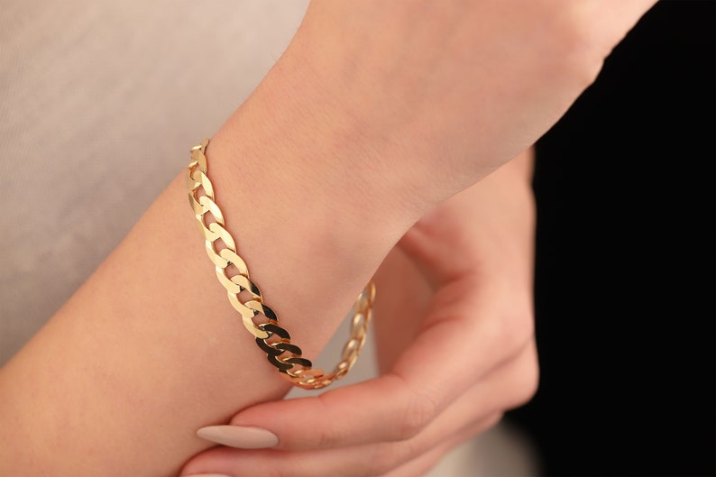 14K Solid Gold Curb Chain Bracelet, Gold Cuban Link Chain, Cuban Link Bracelet, Gift for Men, Gift for Women, Anniversary Gift, Cuban Chain image 2