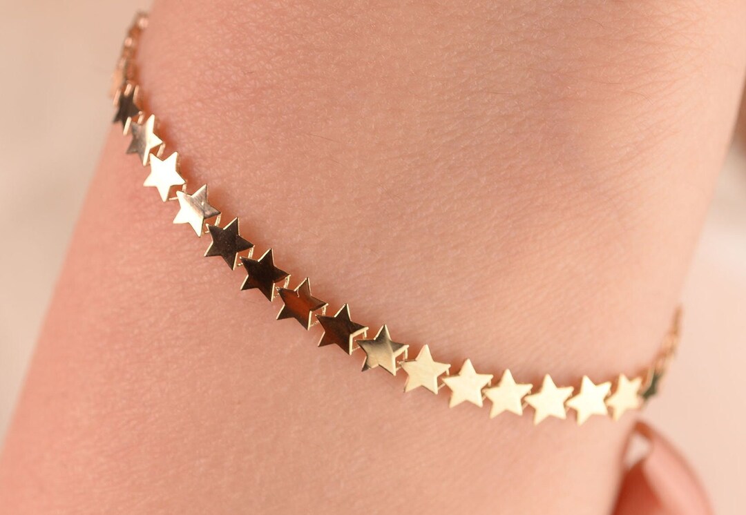 Gold Star Bracelet, 14k Solid Gold Bracelet, Star Chain, Dainty