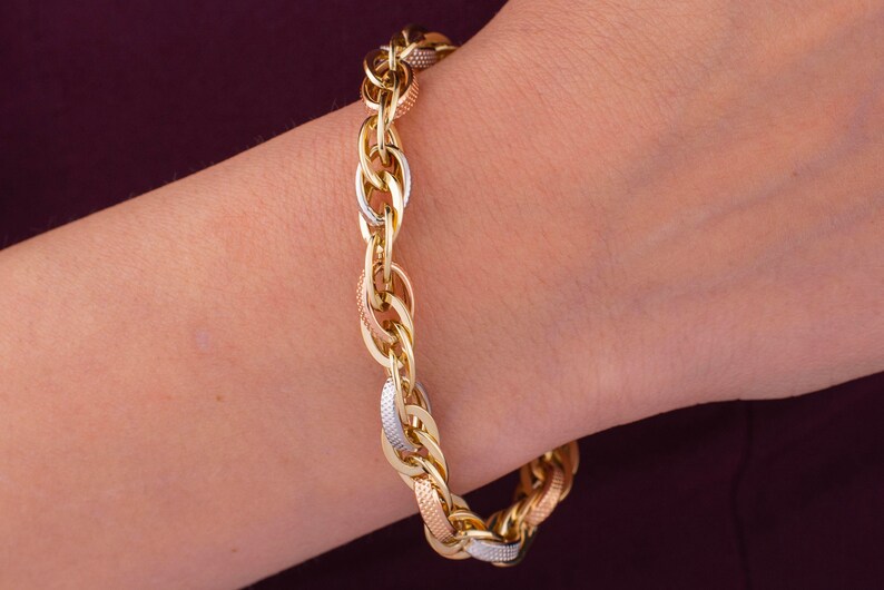 14k Solid Gold Tricolor Oval Link Bracelet, Rolo Chain, Sparkly Faceted Bracelet, Dainty Bracelet, Unique Gift for Women, Christmas Gift image 7