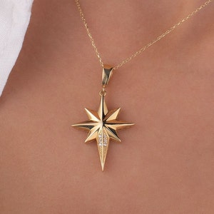 14k Solid Gold North Star Necklace, Pole Star Pendant, Starburst Charm, Celestial Jewely, Gift for Women, Birthday Gift, Christmas Gift