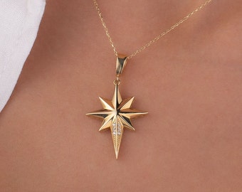 14k Solid Gold North Star Necklace, Pole Star Pendant, Starburst Charm, Celestial Jewely, Gift for Women, Birthday Gift, Christmas Gift