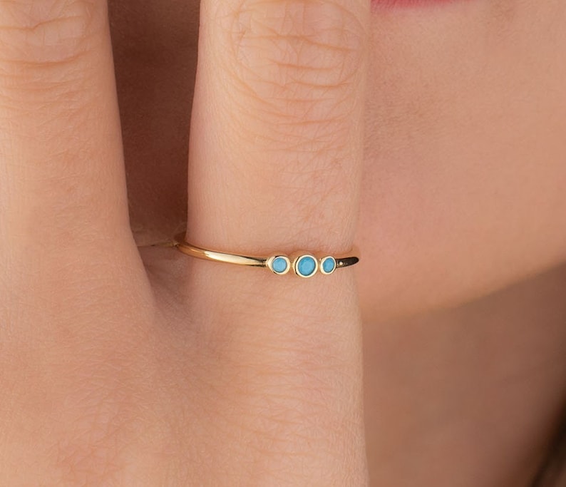 Three Stone Ring, 14k Solid Gold Ring, Triple Stone Ring, Dainty Ring, Gift for Her, Minimalist Ring, 3 Stone Ring, Delicate, Christmas Gift Turquois