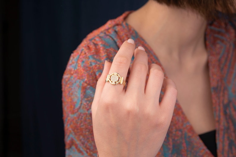 Gold Unique Ring, 14k Solid Gold Ring, Gold Watch Ring, Unusual Gift for Women, Gold Bold Ring, Hexagon Ring, Unique Gift, Christmas Gift image 2