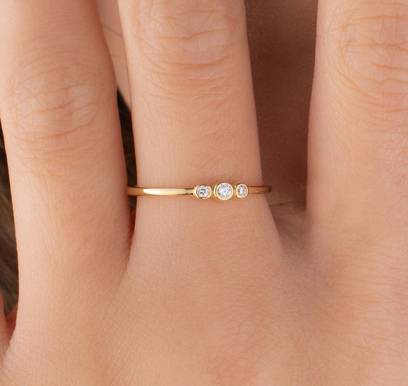 Three Stone Ring, 14k Solid Gold Ring, Triple Stone Ring, Dainty Ring, Gift for Her, Minimalist Ring, 3 Stone Ring, Delicate, Christmas Gift White