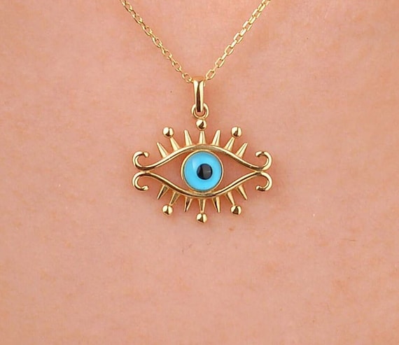 Gold Evil Eye Necklace, 14k Solid Gold Necklace, Evil Eye Pendant, Evil Eye Charm, Dainty Necklace, Protection Necklace, Birthday Gift