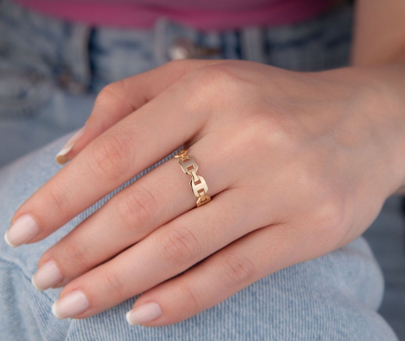 14k massiver Gold Kettenring, Kettengliedring, Gold Modernist Ring, minimalistischer Ring, Gold Unisex Ring, Geschenk für sie, zierlich, Weihnachtsgeschenk Gold