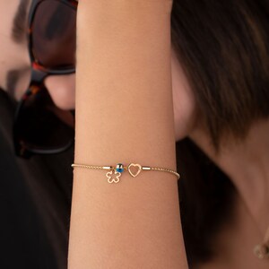 14K Gold Charm Bracelet, Minimalist Evil Eye Bracelet, Mini Charm Bracelet, Gift for Her, Box Chain Bracelet, Birthday Gift, Heart Charm image 4