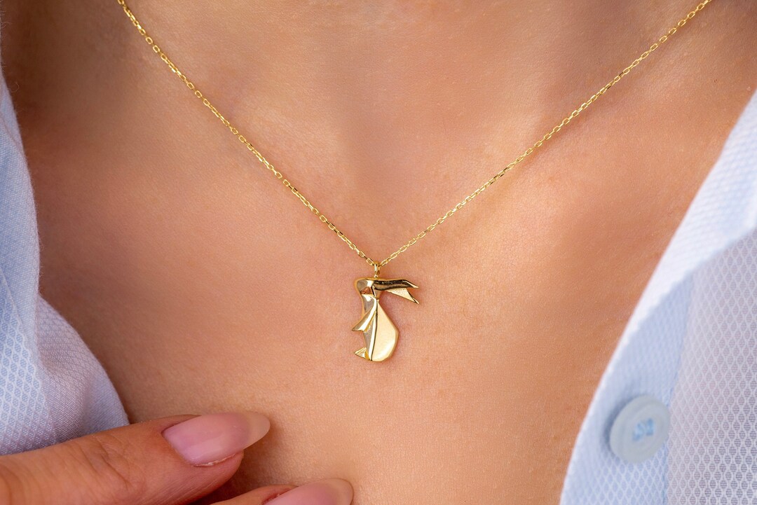 14k Solid Gold Rabbit Necklace, Gold Bunny Necklace, Origami Rabbit ...