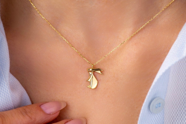 14k Solid Gold Rabbit Necklace, Gold Bunny Necklace, Origami Rabbit, Animal Pendant Necklace, Cute Necklace, Animal Lover Gift,Birthday Gift image 1