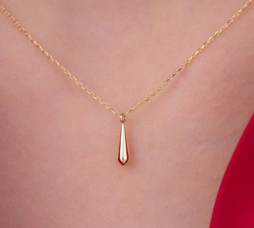 14k Solid Gold Drop Necklace, Gold Minimalist Necklace, Tiny Drop Charm