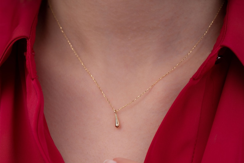 14k Solid Gold Drop Necklace, Gold Minimalist Necklace, Tiny Drop Charm ...