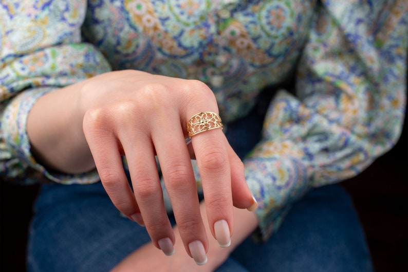 Victorian Style Ring, 14k Solid Gold Ring, Dome Ring, Gold Bold Ring, Unique Ring, Flower Dome Ring,Gift for Her,Nature Lover,Christmas Gift image 5