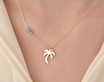 Collar con colgante de palmera en oro macizo de 14k, collar con hojas tropicales, joyería playera, minimalista, regalo para ella, regalo de Navidad