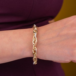 14k Solid Gold Tricolor Oval Link Bracelet, Rolo Chain, Sparkly Faceted Bracelet, Dainty Bracelet, Unique Gift for Women, Christmas Gift image 6
