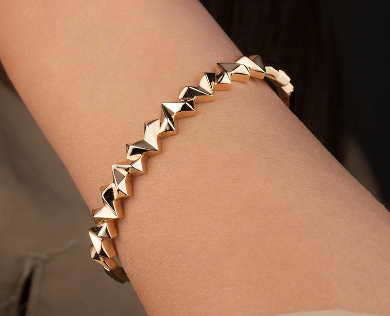 14k Solid Gold Bangle Bracelet, Geometric Bangle, Pyramid Bangle, Unique Bangle Bracelet, Gift for Women, Spike Bangle, Hinged Bangle image 2