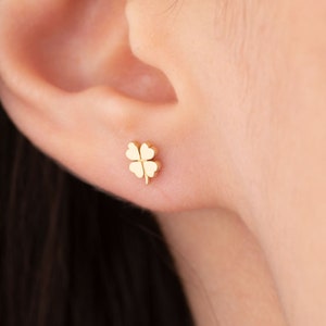 14k Gold Tragus Earring, Gold Stud Earring, Tragus Piercing, Minimalist Earring, Four Leaf Clover, Star Tragus, Three Stone, Gift for Her