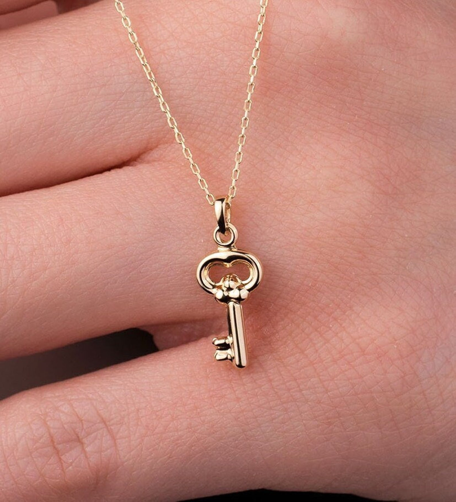 14k Solid Gold Key Pendant Necklace, Gold Key Charm Necklace, Gift for ...