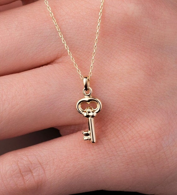 14k Solid Gold Key Pendant Necklace, Gold Key Charm Necklace, Gift for Her, Dainty, Minimalist, Key Jewelry, Anniversary Gift, Birthday Gift