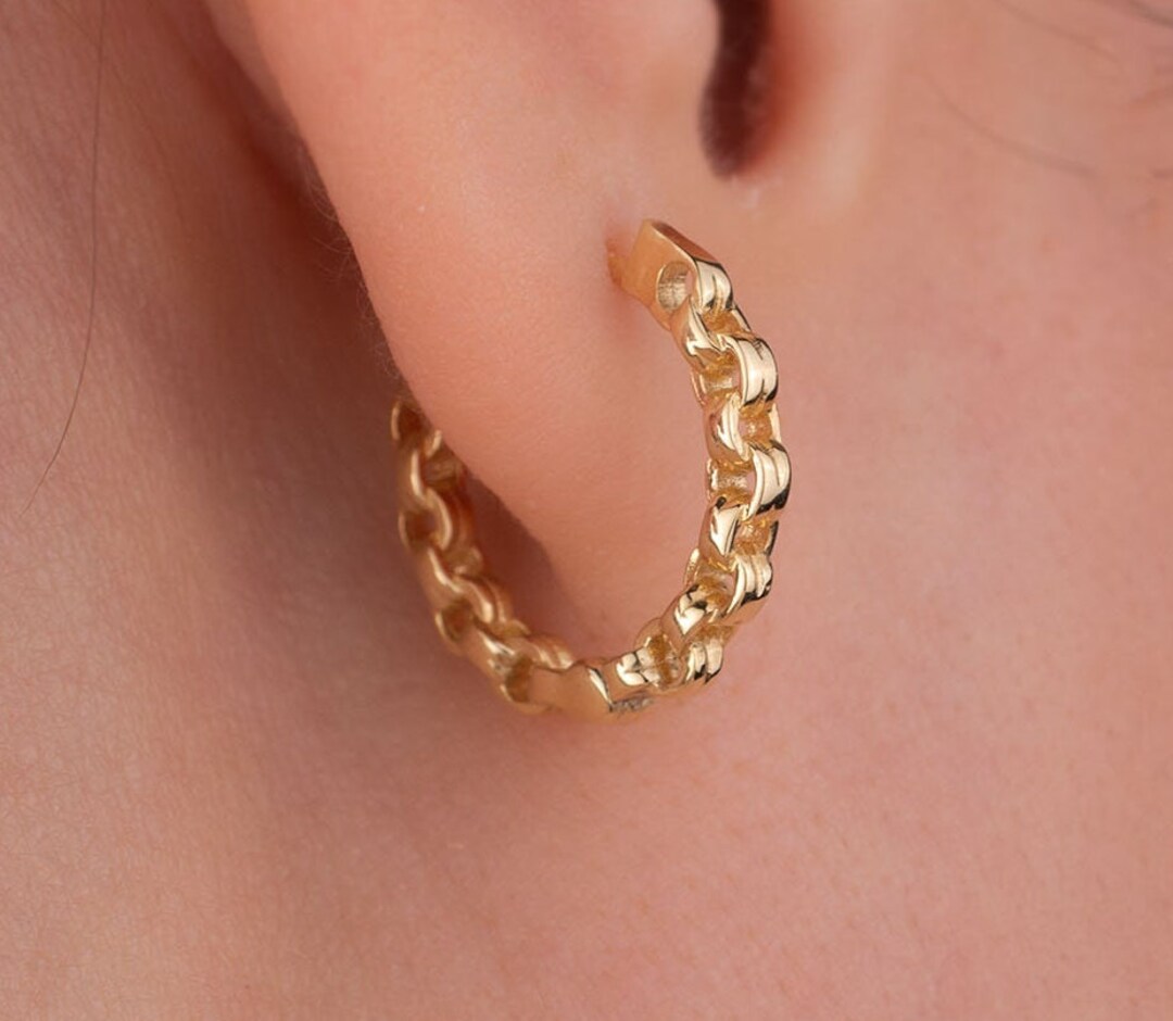Chain Hoop Earring 14K Solid Gold Hoop Earring Gold Huggie Etsy