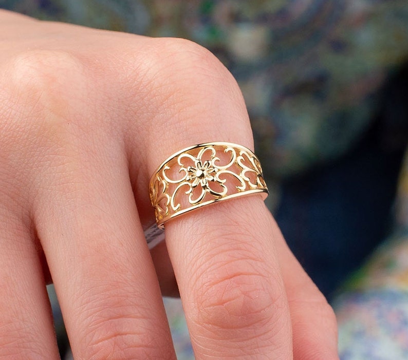 Victorian Style Ring, 14k Solid Gold Ring, Dome Ring, Gold Bold Ring, Unique Ring, Flower Dome Ring,Gift for Her,Nature Lover,Christmas Gift image 4