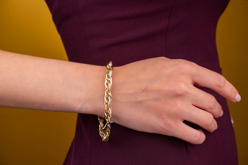 14k Solid Gold Tricolor Oval Link Bracelet, Rolo Chain, Sparkly Faceted Bracelet, Dainty Bracelet, Unique Gift for Women, Christmas Gift image 4