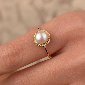 14K Solid Gold Ring, Gold Pearl Ring, Pearl Handmade Ring, Round Pearl Band, Delicate Women Ring, Christmas Gift, Anniversary Gift