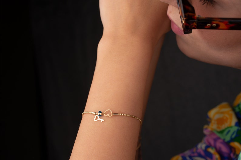 14K Gold Charm Bracelet, Minimalist Evil Eye Bracelet, Mini Charm Bracelet, Gift for Her, Box Chain Bracelet, Birthday Gift, Heart Charm image 6