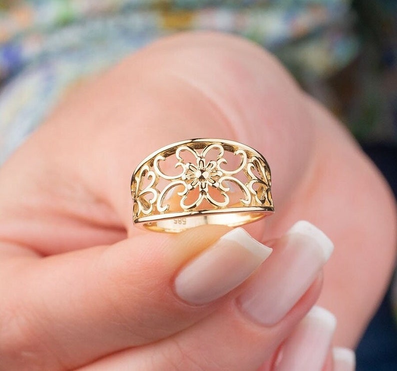 Victorian Style Ring, 14k Solid Gold Ring, Dome Ring, Gold Bold Ring, Unique Ring, Flower Dome Ring,Gift for Her,Nature Lover,Christmas Gift image 1