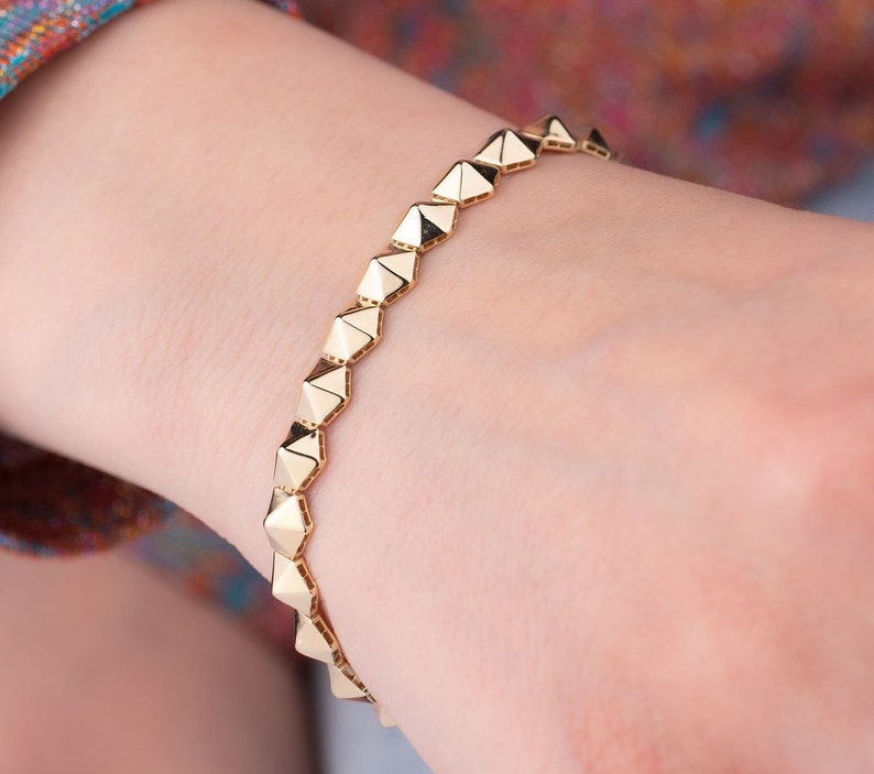 Hexagon Bracelet, 14k Solid Gold Bracelet, Gold Chain Bracelet, Gift for Her, Everyday Bracelet, Unique Bracelet, Pyramid Bracelet, Birthday image 3