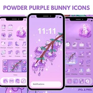 Op de afbeelding: Een set paarse en witte telefoonpictogrammen met een konijn. De pictogrammen zijn gerangschikt in een raster op een paarse achtergrond met een bloemenontwerp. De tekst "POWDER PURPLE BUNNY ICONS" staat bovenaan de afbeelding. De tekst "JPGs & PNGs" staat onderaan de afbeelding.