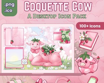 Coquette Strawberry Cow Desktop Icon Pack Pink Aesthetic, Digital Download