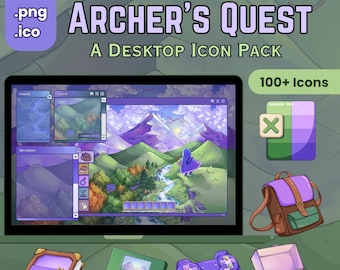 Archer's Quest Computer Icon Pack Desktop Theme MMORPG Aesthetic Gaming Purple and Green Icon Pack with Folders App Icons and Wallpapers