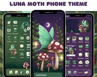 Luna Moth App Icon Pack iOS Android Tablet Cottagecore Aesthetic Whimsigoth Arboreal Phone Theme Red Mushroom PNG Aesthetic Witchy Wallpaper