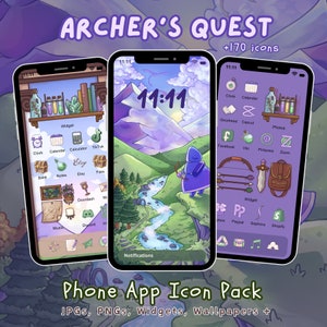 Può includere: Un mockup di uno schermo di telefono con uno sfondo di paesaggio viola e verde. Lo schermo mostra un pacchetto di icone di app per telefono con oltre 170 icone. Le icone sono disposte in una griglia e presentano una varietà di app popolari, tra cui Facebook, Instagram, TikTok e altro ancora. Il testo "ARCHER'S QUEST" è visualizzato nella parte superiore dello schermo.