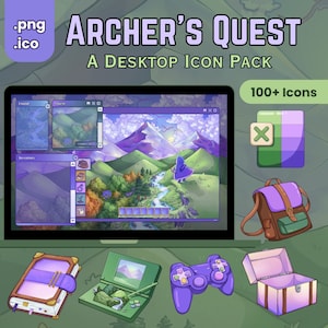 Puede incluir: Un paquete de iconos de escritorio llamado "Archer's Quest" con más de 100 iconos. La imagen muestra una pantalla de ordenador con una interfaz de juego, una mochila, un cofre, un mando de juego, un cuaderno y una consola de juegos portátil. Los iconos están en un estilo de dibujos animados con una combinación de colores púrpura, verde y marrón.