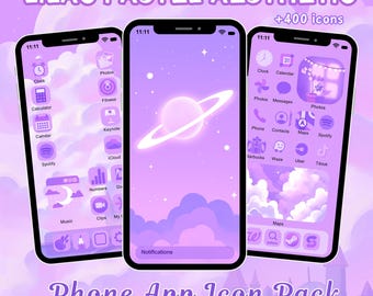 Lilac Pastel App Icon Pack for iOS Android Phone Purple Aesthetic Galaxy Planet Hand Drawn Cloud Wallpaper Widgets Aesthetic Icons