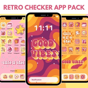 May include: Three phone screens with a retro checkerboard design. The middle screen has the text "11:11 GOOD VIBES" in a colourful, retro font. The left and right screens have a grid of app icons with a retro checkerboard design. The icons include apps like Clock, Calendar, Camera, Messages, Alarm, Zara, Zillow, Photos, Webtoon, Viki, TikTok, Instagram, Reddit, Music, Starbucks, Facebook, Instagram, Keynote, Lulu, Netflix, and Notes.
