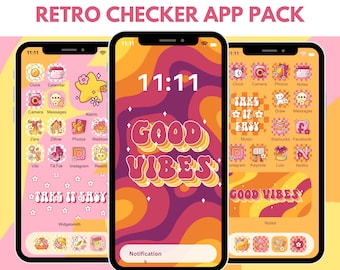 Retro App Icon Pack 80s Pink Orange Groovy Icons Cute Hand Drawn Icon Packs Checker Instagram Highlight Icons Desktop Folder Icons JPG Art