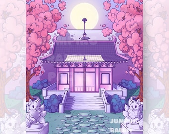 Santuário de flores de cerejeira IMPRIMÍVEL Santuário estético roxo com estátuas de raposa Impressão de arte de flor de cerejeira à noite e dia Arte de parede do templo