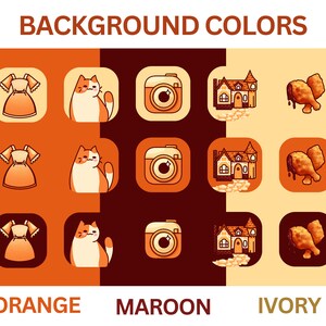 Puede incluir: Una ilustraci&oacute;n digital de nueve iconos en tres filas. Cada fila tiene tres iconos. Los iconos son un vestido, un gato, una c&aacute;mara, una casa y pollo frito. Los colores de fondo son naranja, marr&oacute;n y marfil.