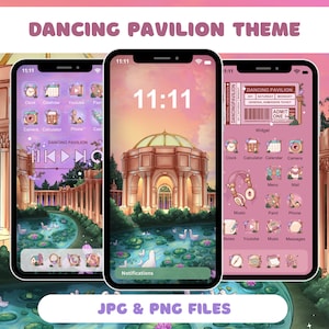 May include: Three smartphones displaying a "Dancing Pavilion" theme. The screens show a pavilion illustration, app icons, and a ticket design. The theme includes a clock, calendar, and other app icons. The image also includes the text "JPG & PNG FILES".