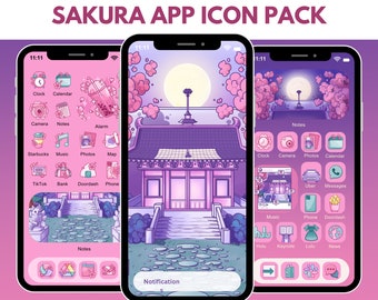 Sakura Icons for iOS iPhone Android Cherry Blossom App Icon Pack Pink Flower Aesthetic Japanese Temple Wallpaper Kawaii Hand Drawn Icons