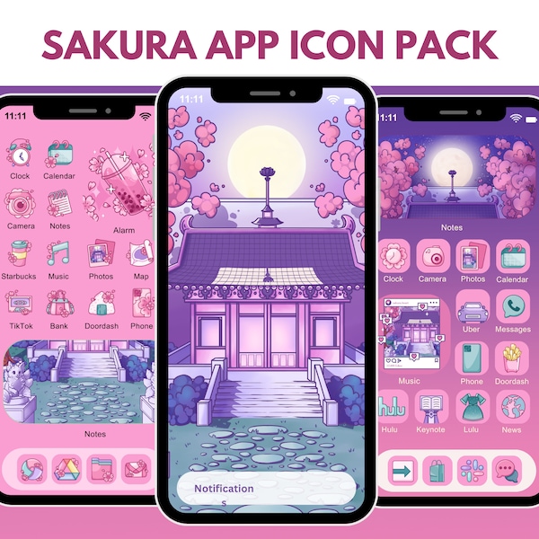 Sakura Icons for iOS iPhone Android Cherry Blossom App Icon Pack Pink Flower Aesthetic Japanese Temple Wallpaper Kawaii Hand Drawn Icons