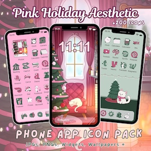 Pack d&#39;icônes d&#39;application de vacances roses pour iOS iPhone Android Illustration esthétique de Noël icônes de vacances roses vertes dessinées à la main