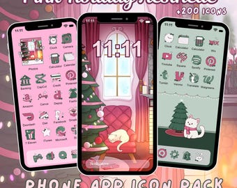 Pink Holiday App Icon Pack for iOS iPhone Android Christmas Aesthetic Illustration Hand Drawn Pink Green Holiday Icons